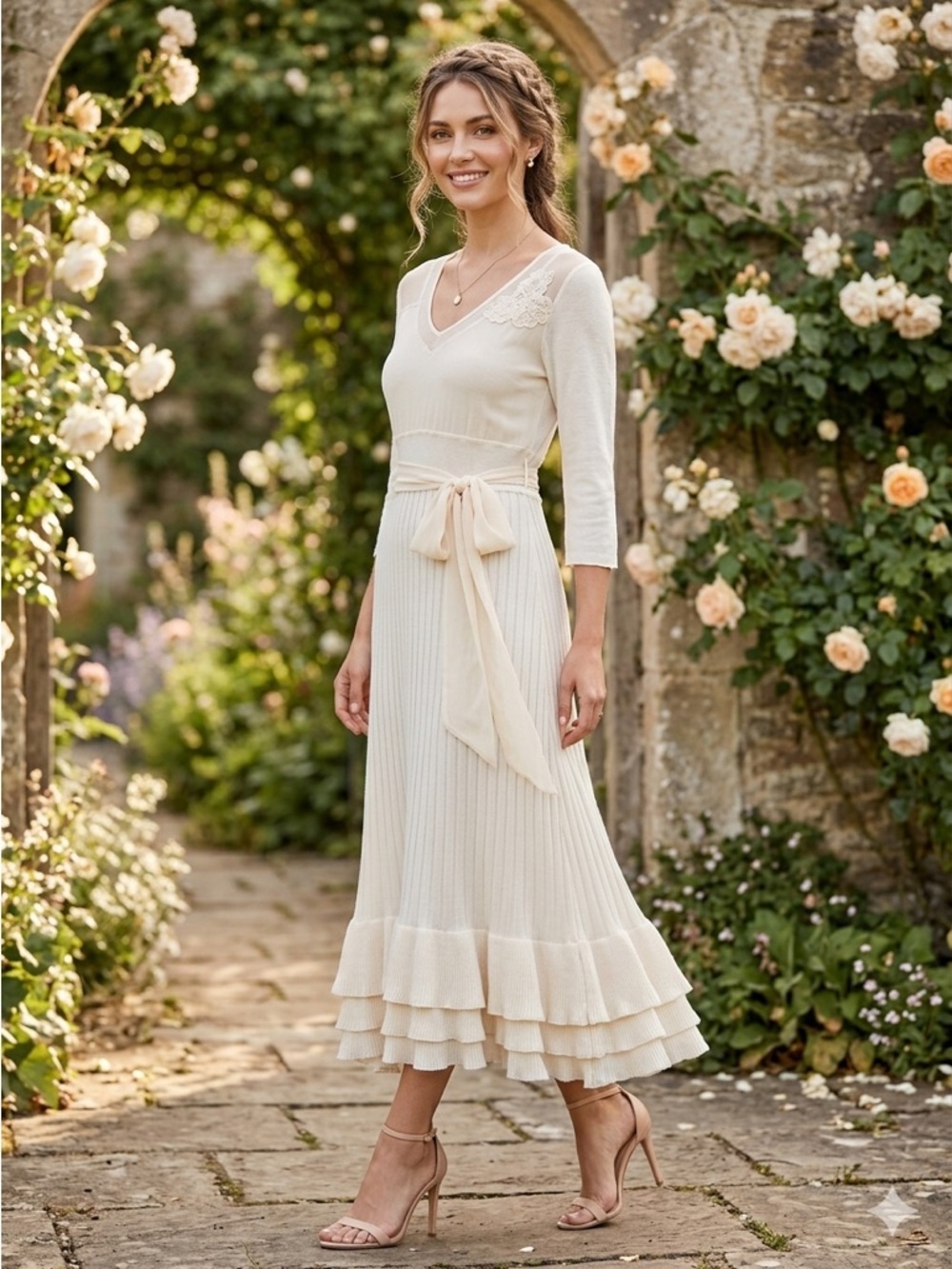 Light Cream V‑Neck Maxi Dress with Waist Sash